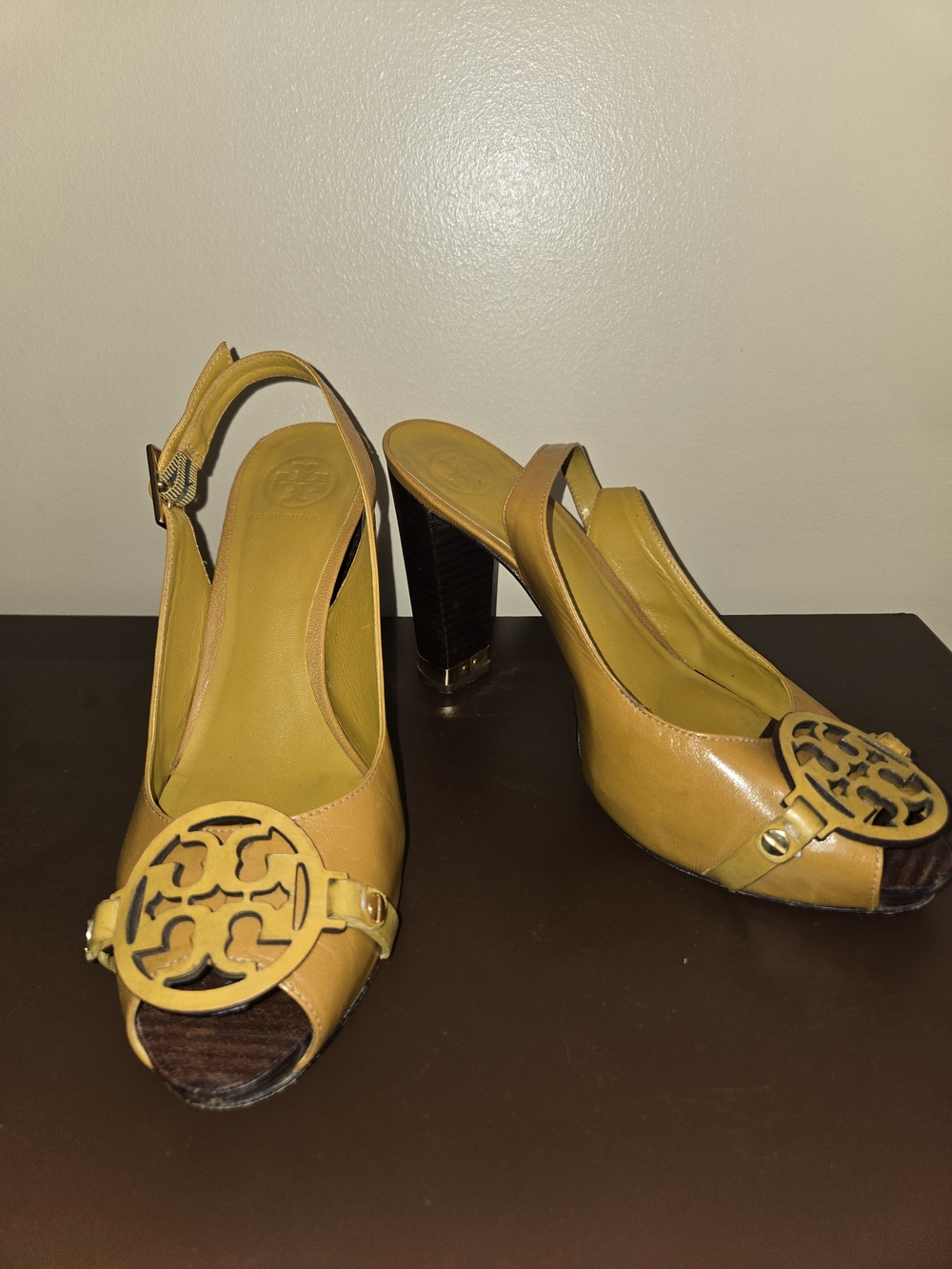 Tory Burch Mustard Yellow Slingback Peep-Toe Heels